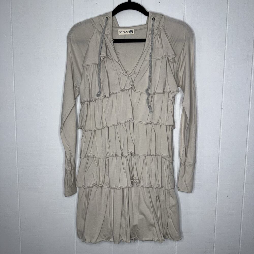 Scolar Women’s Y2K Tiered Ruffle Tunic Top Long Sleeve Hooded Size Medium